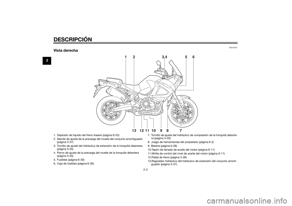 YAMAHA XT1200Z 2014 Manuale de Empleo (in Spanish) DESCRIPCIÓN
2-2
2
SAU10421
Vista derecha
1
8
7
9
12
13
10
11
2
3,4
5
6
1. Depósito de líquido del freno trasero (página 6-23)
2. Mando de ajuste de la precarga del muelle del conjunto amortiguador YAMAHA XT1200Z 2014 Manuale de Empleo (in Spanish) DESCRIPCIÓN
2-2
2
SAU10421
Vista derecha
1
8
7
9
12
13
10
11
2
3,4
5
6
1. Depósito de líquido del freno trasero (página 6-23)
2. Mando de ajuste de la precarga del muelle del conjunto amortiguador