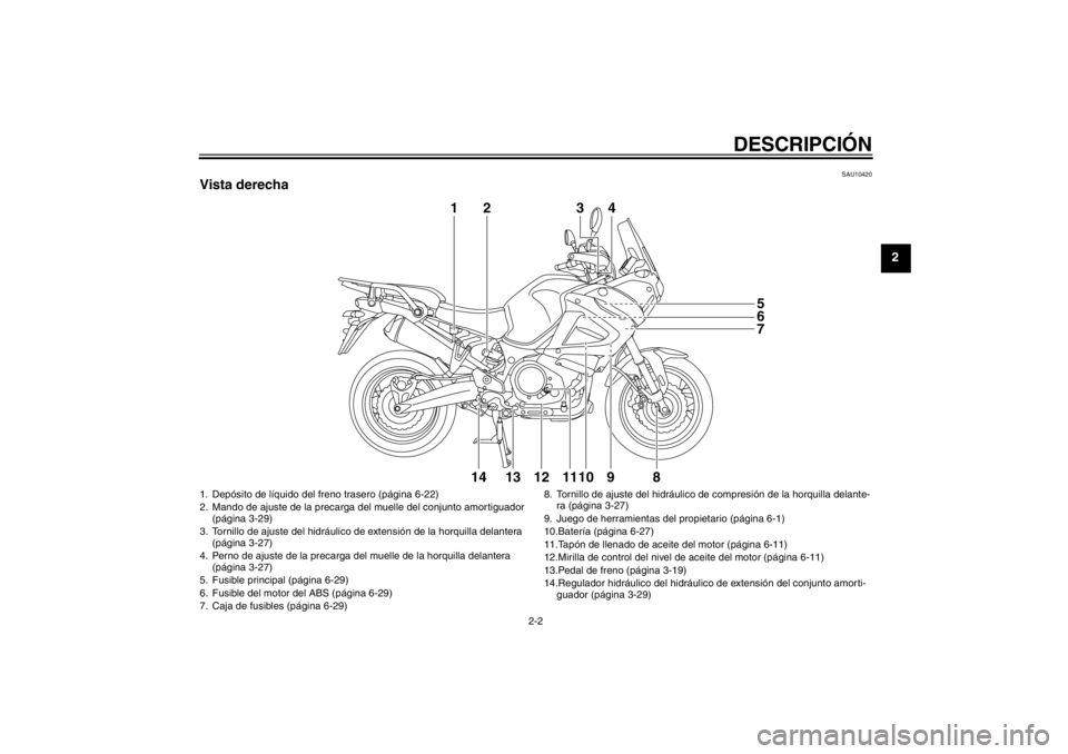 YAMAHA XT1200Z 2010  Manuale de Empleo (in Spanish) DESCRIPCIÓN
2-2
2
SAU10420
Vista derecha
2
1
43
8 5
6
7
9
14 11 13 12 10
1. Depó sito de líquido del freno trasero (p ágina 6-22)
2. Mando de ajuste de la precarga del muelle del conjunto amortigu