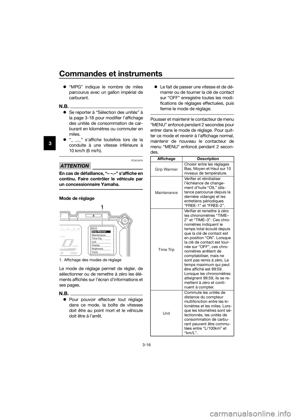 YAMAHA XT1200ZE 2019  Notices Demploi (in French) Commandes et instruments
3-16
3
 “MPG” indique le nombre de miles
parcourus avec un gallon impérial de
carburant.
N.B.
Se reporter à “Sélection des unités” à
la page 3-18 pour modif