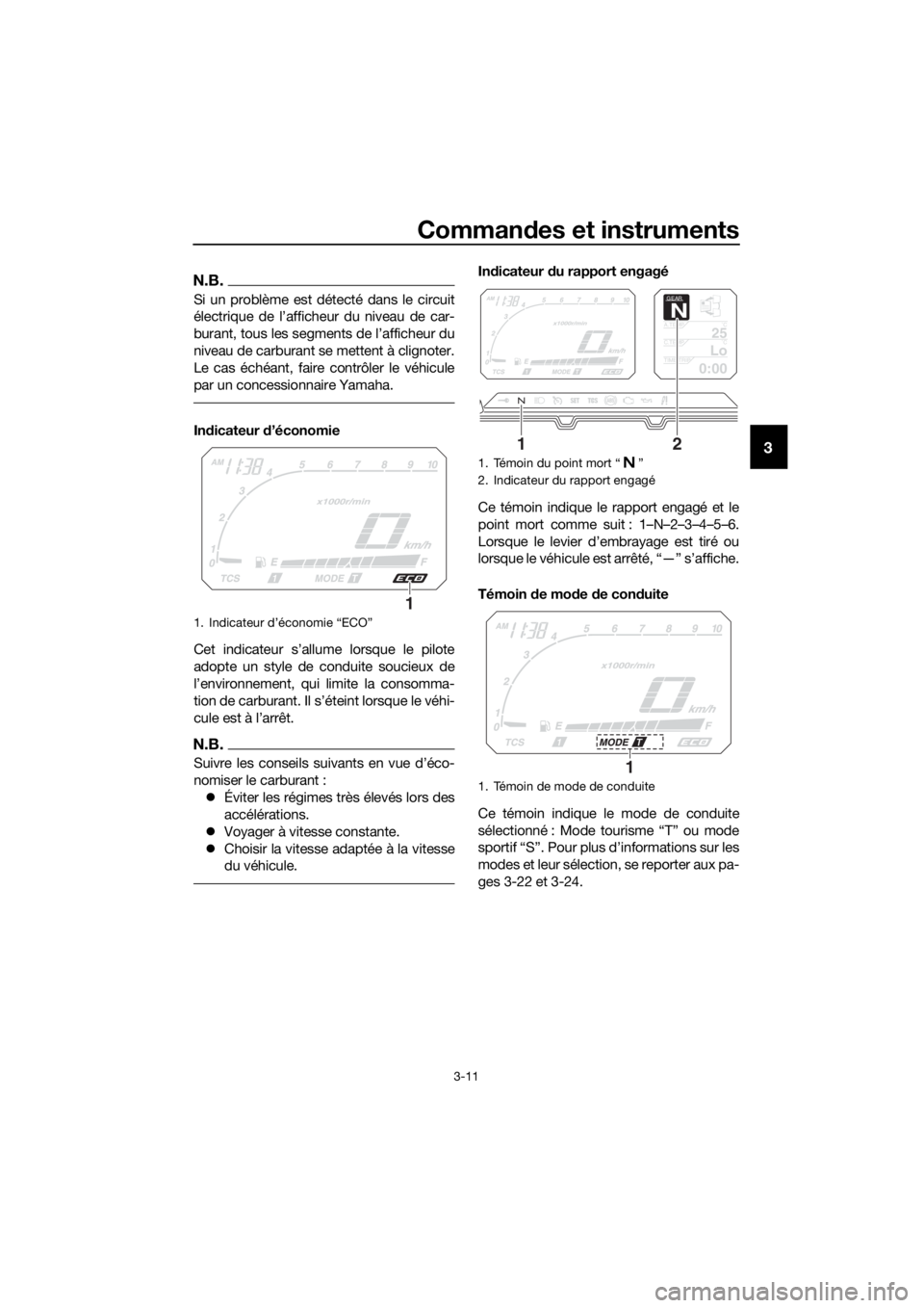 YAMAHA XT1200ZE 2017 Notices Demploi (in French) Commandes et instruments
3-11
3
N.B.
Si un problème est détecté dans le circuit
électrique de l’afficheur du niveau de car-
burant, tous les segments de l’afficheur du
niveau de carburant se m YAMAHA XT1200ZE 2017 Notices Demploi (in French) Commandes et instruments
3-11
3
N.B.
Si un problème est détecté dans le circuit
électrique de l’afficheur du niveau de car-
burant, tous les segments de l’afficheur du
niveau de carburant se m