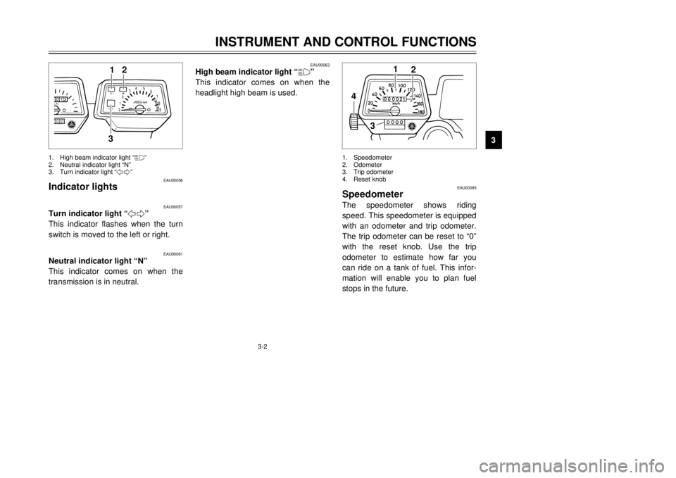 YAMAHA XT600E 2000 User Guide 3-2
12
3&
5
N
EAU00056
Indicator lights
EAU00057
Turn indicator light
Ò5Ó
This indicator flashes when the turn
switch is moved to the left or right.
EAU00061
Neutral indicator light ÒNÓ
This indi YAMAHA XT600E 2000 User Guide 3-2
12
3&
5
N
EAU00056
Indicator lights
EAU00057
Turn indicator light
Ò5Ó
This indicator flashes when the turn
switch is moved to the left or right.
EAU00061
Neutral indicator light ÒNÓ
This indi
