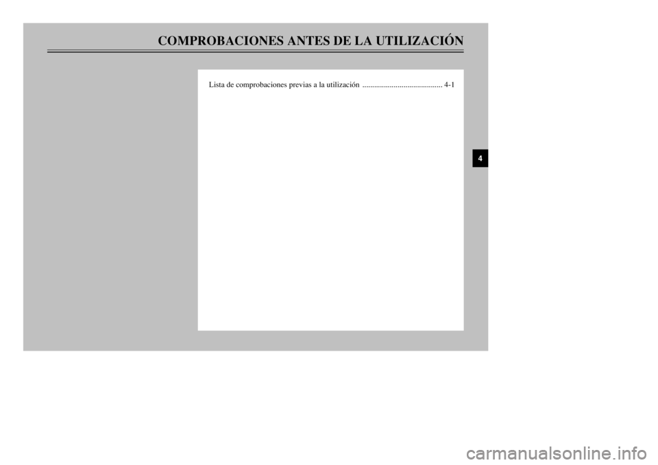 YAMAHA XT600E 2002 Manuale de Empleo (in Spanish) COMPROBACIONES ANTES DE LA UTILIZACIÓN
Lista de comprobaciones previas a la utilización ......................................... 4-1
4
4PT-S7 (Spanish) 7/13/01 4:26 PM Page 27 YAMAHA XT600E 2002 Manuale de Empleo (in Spanish) COMPROBACIONES ANTES DE LA UTILIZACIÓN
Lista de comprobaciones previas a la utilización ......................................... 4-1
4
4PT-S7 (Spanish) 7/13/01 4:26 PM Page 27