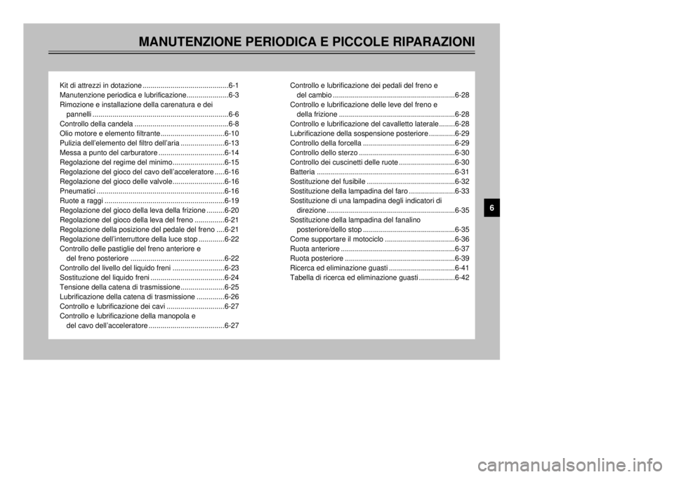 YAMAHA XT600E 2002 Manuale duso (in Italian) MANUTENZIONE PERIODICA E PICCOLE RIPARAZIONI
Kit di attrezzi in dotazione ...........................................6-1
Manutenzione periodica e lubrificazione.....................6-3
Rimozione e ins YAMAHA XT600E 2002 Manuale duso (in Italian) MANUTENZIONE PERIODICA E PICCOLE RIPARAZIONI
Kit di attrezzi in dotazione ...........................................6-1
Manutenzione periodica e lubrificazione.....................6-3
Rimozione e ins