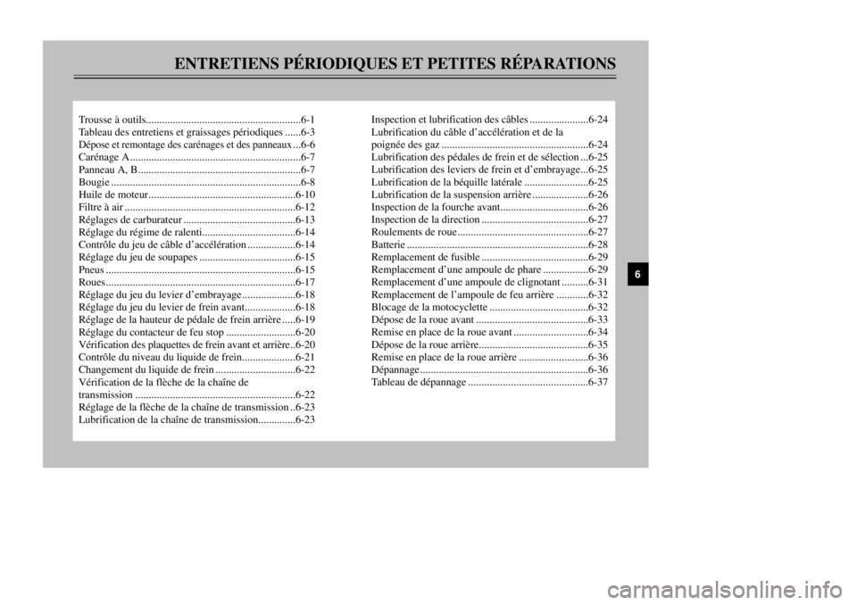 YAMAHA XT600E 2000 Notices Demploi (in French) ENTRETIENS PƒRIODIQUES ET PETITES RƒPARATIONS
Trousse ˆ outils..........................................................6-1
Tableau des entretiens et graissages pŽriodiques......6-3DŽpose et remo YAMAHA XT600E 2000 Notices Demploi (in French) ENTRETIENS PƒRIODIQUES ET PETITES RƒPARATIONS
Trousse ˆ outils..........................................................6-1
Tableau des entretiens et graissages pŽriodiques......6-3DŽpose et remo