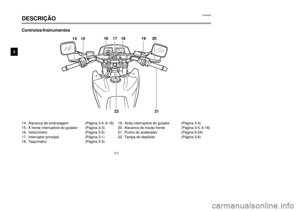 YAMAHA XT600E 2000  Manual de utilização (in Portuguese) 12
3
4
5
6
7
8
9
EAU00026
DESCRI‚ÌO
2-3
14.Alavanca de embraiagem(P‡gina 3-4, 6-18)
15.Ë frente interruptore do guiador(P‡gina 3-3)
16.Veloc’metro(P‡gina 3-2)
17.Interruptor principal (P�
