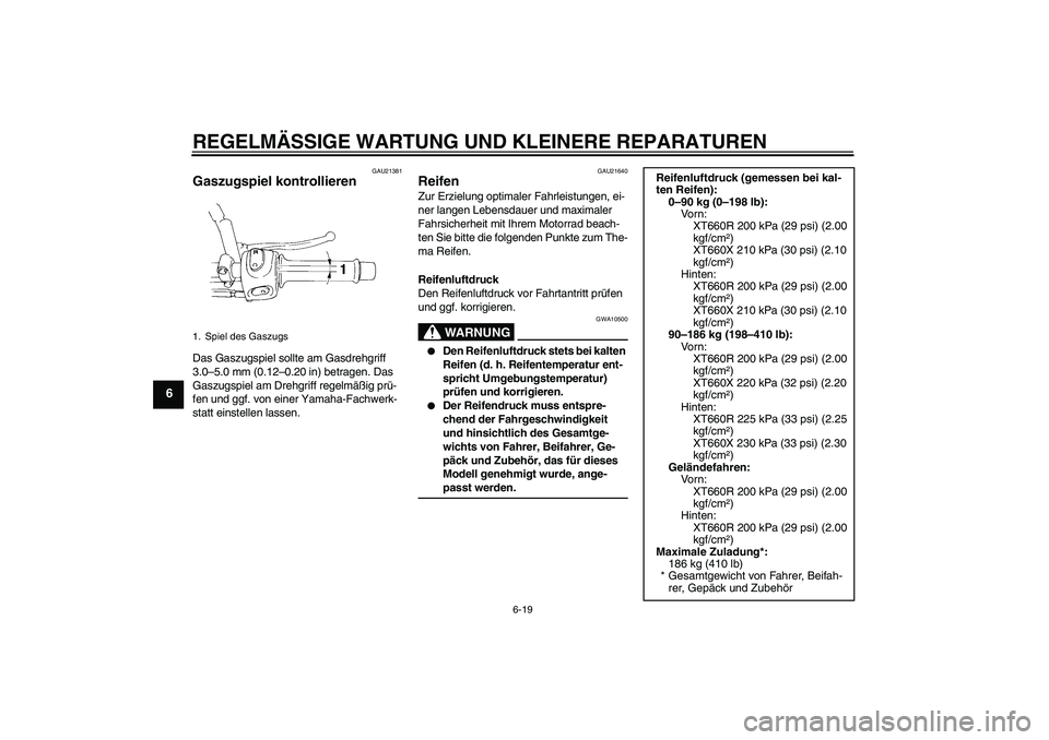 YAMAHA XT660R 2008  Betriebsanleitungen (in German) REGELMÄSSIGE WARTUNG UND KLEINERE REPARATUREN
6-19
6
GAU21381
Gaszugspiel kontrollieren Das Gaszugspiel sollte am Gasdrehgriff 
3.0–5.0 mm (0.12–0.20 in) betragen. Das 
Gaszugspiel am Drehgriff r
