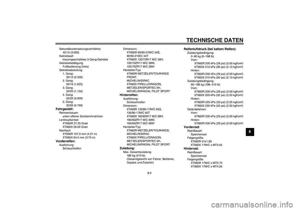 YAMAHA XT660R 2008  Betriebsanleitungen (in German) TECHNISCHE DATEN
8-2
8
Sekundäruntersetzungsverhältnis:
45/15 (3.000)
Getriebeart:
klauengeschaltetes 5-Gang-Getriebe
Getriebebetätigung:
Fußbedienung (links)
Getriebeabstufung:
1. Gang:
30/12 (2.