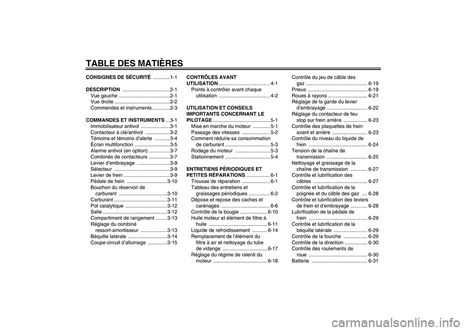 YAMAHA XT660R 2008  Notices Demploi (in French) TABLE DES MATIÈRESCONSIGNES DE SÉCURITÉ ............1-1
DESCRIPTION ..................................2-1
Vue gauche .....................................2-1
Vue droite ............................