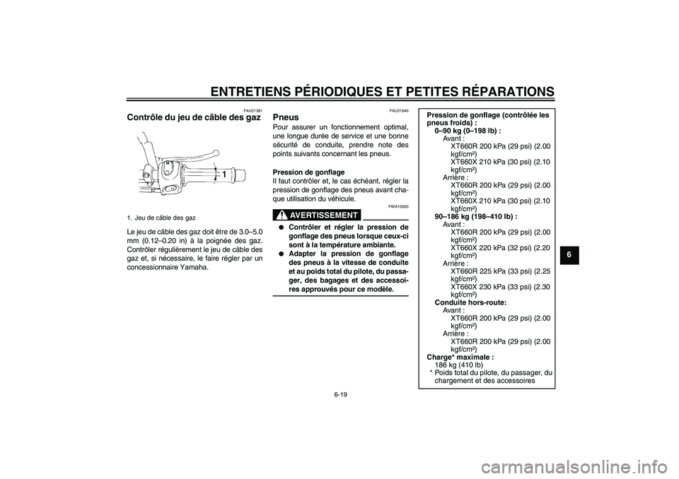 YAMAHA XT660X 2007  Notices Demploi (in French) ENTRETIENS PÉRIODIQUES ET PETITES RÉPARATIONS
6-19
6
FAU21381
Contrôle du jeu de câble des gaz Le jeu de câble des gaz doit être de 3.0–5.0
mm (0.12–0.20 in) à la poignée des gaz.
Contrôl