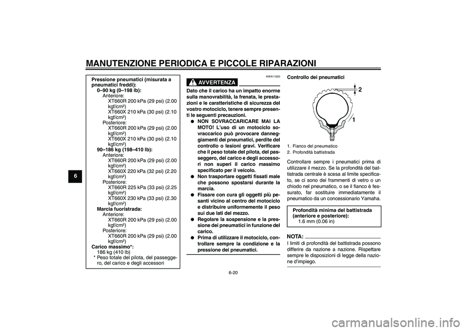 YAMAHA XT660X 2008  Manuale duso (in Italian) MANUTENZIONE PERIODICA E PICCOLE RIPARAZIONI
6-20
6
AVVERTENZA
HWA11020
Dato che il carico ha un impatto enorme
sulla manovrabilità, la frenata, le presta-
zioni e le caratteristiche di sicurezza del