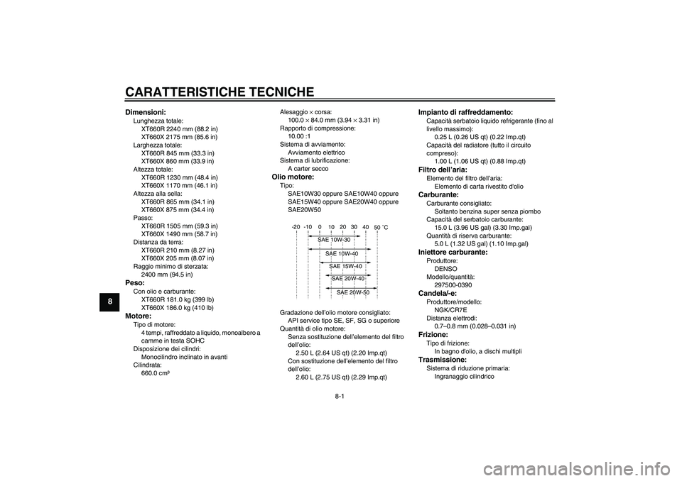 YAMAHA XT660R 2007  Manuale duso (in Italian) CARATTERISTICHE TECNICHE
8-1
8
Dimensioni:Lunghezza totale:
XT660R 2240 mm (88.2 in)
XT660X 2175 mm (85.6 in)
Larghezza totale:
XT660R 845 mm (33.3 in)
XT660X 860 mm (33.9 in)
Altezza totale:
XT660R 1