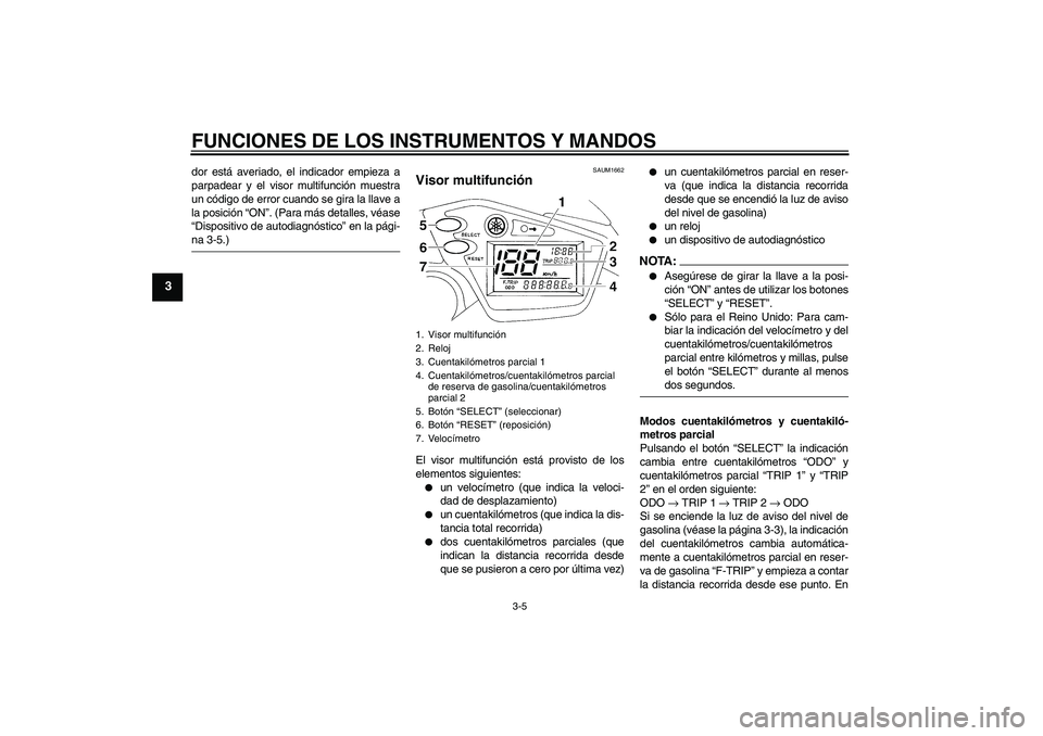 YAMAHA XT660R 2006 Notices Demploi (in French) FUNCIONES DE LOS INSTRUMENTOS Y MANDOS
3-5
3
dor está averiado, el indicador empieza a
parpadear y el visor multifunción muestra
un código de error cuando se gira la llave a
la posición “ON”. YAMAHA XT660R 2006 Notices Demploi (in French) FUNCIONES DE LOS INSTRUMENTOS Y MANDOS
3-5
3
dor está averiado, el indicador empieza a
parpadear y el visor multifunción muestra
un código de error cuando se gira la llave a
la posición “ON”.