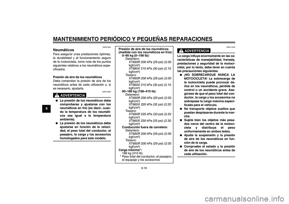YAMAHA XT660R 2005  Manuale de Empleo (in Spanish) MANTENIMIENTO PERIÓDICO Y PEQUEÑAS REPARACIONES
6-18
6
SAU21640
Neumáticos Para asegurar unas prestaciones óptimas,
la durabilidad y el funcionamiento seguro
de la motocicleta, tome nota de los pu