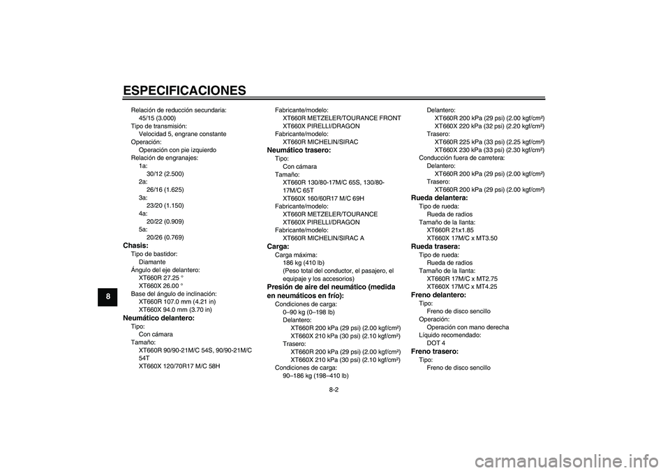 YAMAHA XT660R 2005  Manuale de Empleo (in Spanish) ESPECIFICACIONES
8-2
8
Relación de reducción secundaria:
45/15 (3.000)
Tipo de transmisión:
Velocidad 5, engrane constante
Operación:
Operación con pie izquierdo
Relación de engranajes:
1a:
30/1