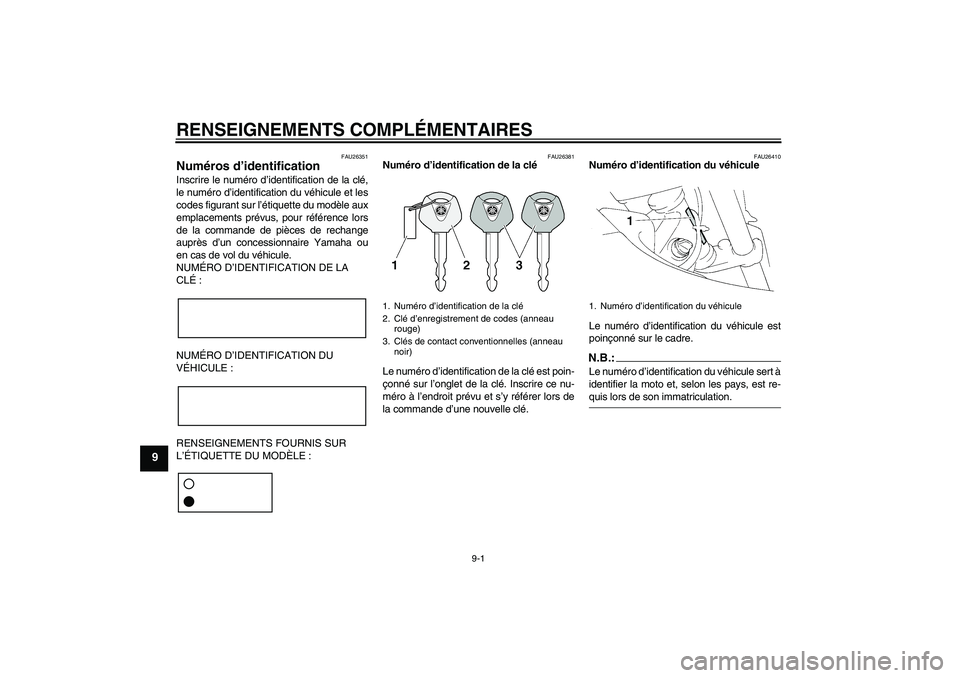 YAMAHA XT660R 2006 Manuale duso (in Italian) RENSEIGNEMENTS COMPLÉMENTAIRES
9-1
9
FAU26351
Numéros d’identification Inscrire le numéro d’identification de la clé,
le numéro d’identification du véhicule et les
codes figurant sur l’à YAMAHA XT660R 2006 Manuale duso (in Italian) RENSEIGNEMENTS COMPLÉMENTAIRES
9-1
9
FAU26351
Numéros d’identification Inscrire le numéro d’identification de la clé,
le numéro d’identification du véhicule et les
codes figurant sur l’Ã