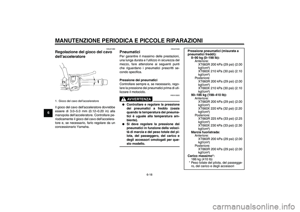 YAMAHA XT660R 2004  Manuale duso (in Italian) MANUTENZIONE PERIODICA E PICCOLE RIPARAZIONI
6-18
6
HAU21380
Regolazione del gioco del cavo 
dell’acceleratore Il gioco del cavo dell’acceleratore dovrebbe
essere di 3.0–5.0 mm (0.12–0.20 in) 