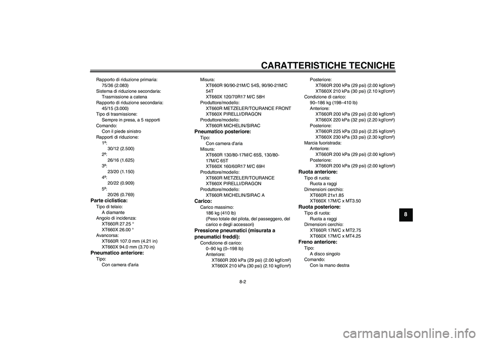 YAMAHA XT660R 2004 Manuale duso (in Italian) CARATTERISTICHE TECNICHE
8-2
8
Rapporto di riduzione primaria:
75/36 (2.083)
Sistema di riduzione secondaria:
Trasmissione a catena
Rapporto di riduzione secondaria:
45/15 (3.000)
Tipo di trasmissione YAMAHA XT660R 2004 Manuale duso (in Italian) CARATTERISTICHE TECNICHE
8-2
8
Rapporto di riduzione primaria:
75/36 (2.083)
Sistema di riduzione secondaria:
Trasmissione a catena
Rapporto di riduzione secondaria:
45/15 (3.000)
Tipo di trasmissione