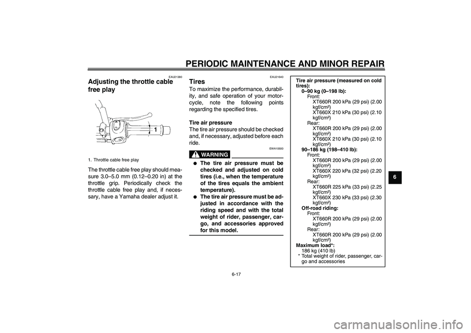 YAMAHA XT660R 2004 Workshop Manual PERIODIC MAINTENANCE AND MINOR REPAIR
6-17
6
EAU21380
Adjusting the throttle cable 
free play The throttle cable free play should mea-
sure 3.0–5.0 mm (0.12–0.20 in) at the
throttle grip. Periodic