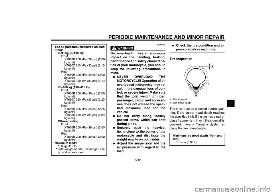 YAMAHA XT660X 2008 Workshop Manual PERIODIC MAINTENANCE AND MINOR REPAIR
6-19
6
WARNING
EWA11020
Because loading has an enormous
impact on the handling, braking,
performance and safety characteris-
tics of your motorcycle, you should
k