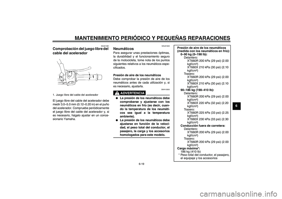 YAMAHA XT660X 2008  Manuale de Empleo (in Spanish) MANTENIMIENTO PERIÓDICO Y PEQUEÑAS REPARACIONES
6-19
6
SAU21381
Comprobación del juego libre del 
cable del acelerador El juego libre del cable del acelerador debe
medir 3.0–5.0 mm (0.12–0.20 i