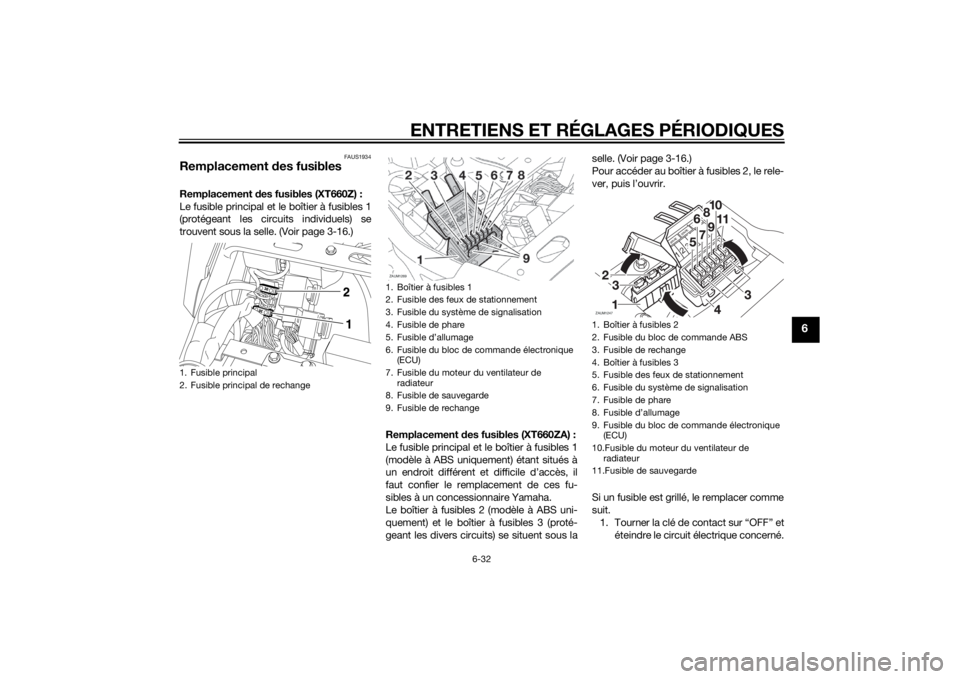 YAMAHA XT660Z 2015 Notices Demploi (in French) ENTRETIENS ET RÉGLAGES PÉRIODIQUES
6-32
6
FAUS1934
Remplacement des fusiblesRemplacement des fusibles (XT660Z) :
Le fusible principal et le boîtier à fusibles 1
(protégeant les circuits individue YAMAHA XT660Z 2015 Notices Demploi (in French) ENTRETIENS ET RÉGLAGES PÉRIODIQUES
6-32
6
FAUS1934
Remplacement des fusiblesRemplacement des fusibles (XT660Z) :
Le fusible principal et le boîtier à fusibles 1
(protégeant les circuits individue