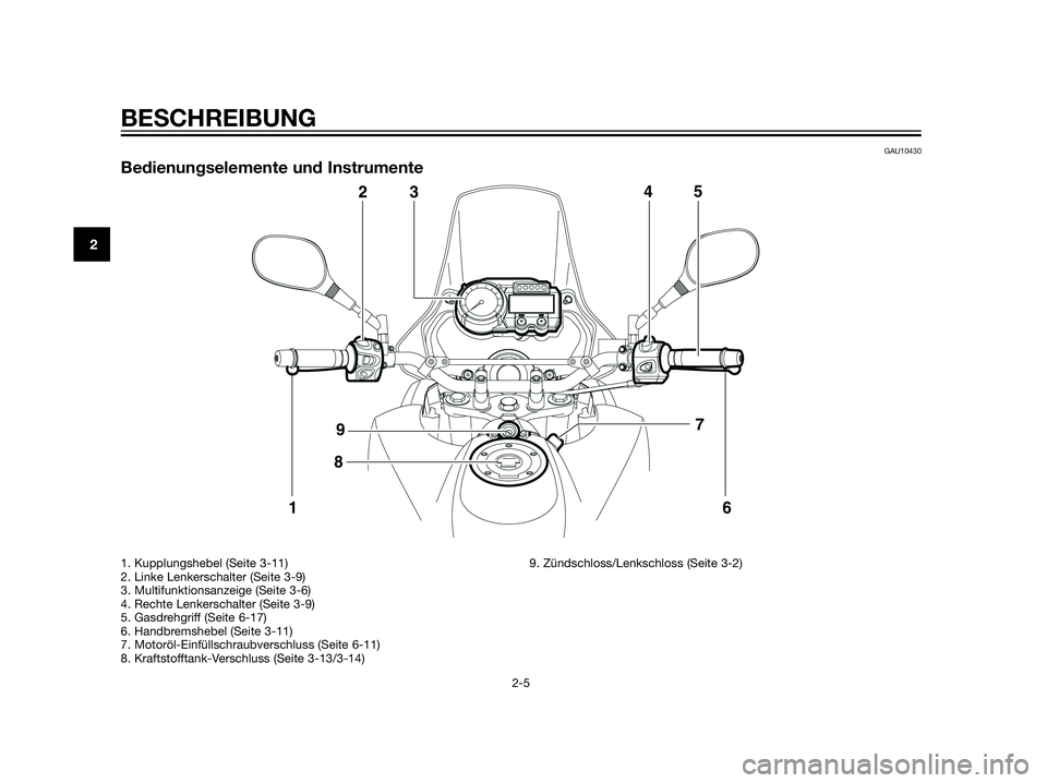 YAMAHA XT660Z 2013  Betriebsanleitungen (in German) GAU10430
Bedienungselemente und Instrumente
BESCHREIBUNG
2-5
2
1. Kupplungshebel (Seite 3-11)
2. Linke Lenkerschalter (Seite 3-9)
3. Multifunktionsanzeige (Seite 3-6)
4. Rechte Lenkerschalter (Seite 3