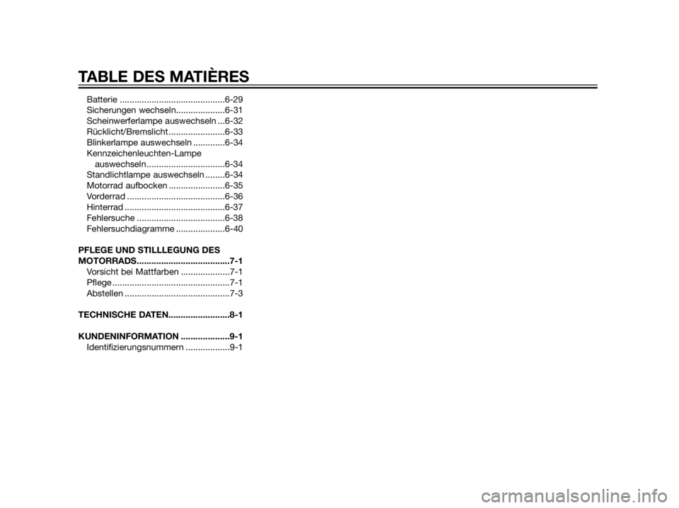 YAMAHA XT660Z 2012  Betriebsanleitungen (in German) Batterie ...........................................6-29
Sicherungen wechseln....................6-31
Scheinwerferlampe auswechseln ...6-32
Rücklicht/Bremslicht .......................6-33
Blinkerlam