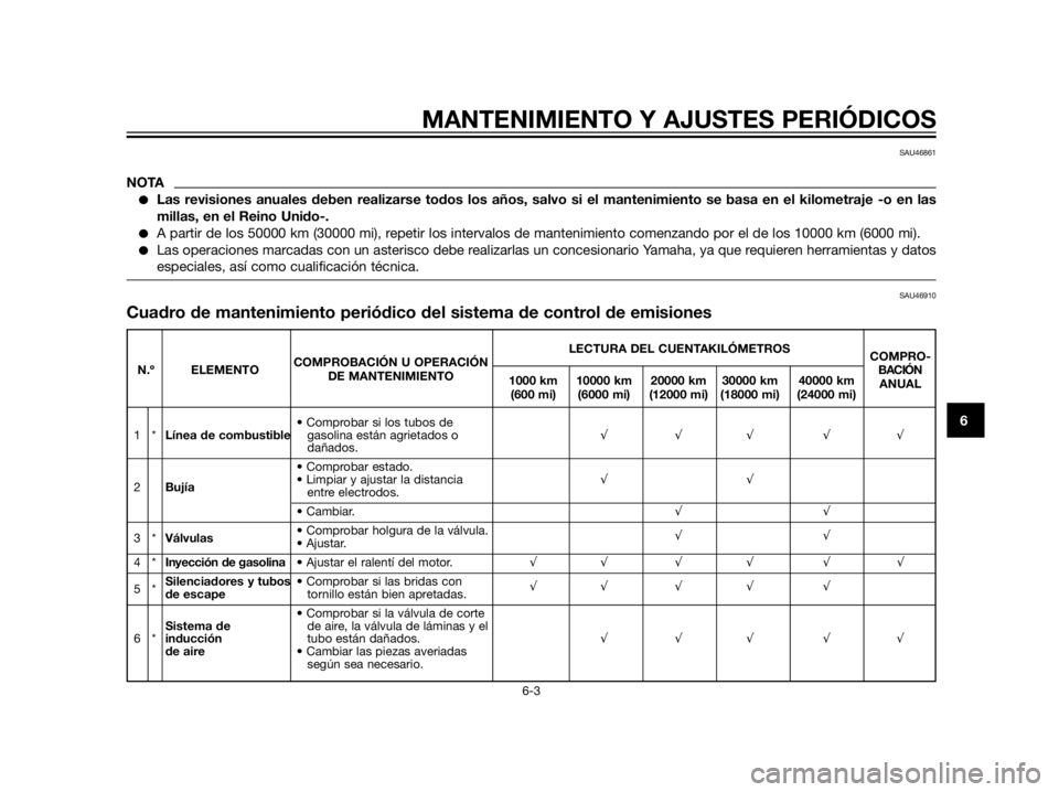 YAMAHA XT660Z 2012  Manuale de Empleo (in Spanish) MANTENIMIENTO Y AJUSTES PERIÓDICOS
6-3
6
SAU46861
NOTA
Las revisiones anuales deben realizarse todos los años, salvo si el mantenimiento se basa en el kilometraje -o en las
millas, en el Reino Unid