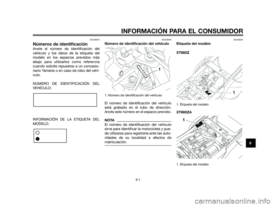 YAMAHA XT660Z 2012 Manuale de Empleo (in Spanish) SAU48610
Números de identificación
Anote el número de identificación del
vehículo y los datos de la etiqueta del
modelo en los espacios previstos más
abajo para utilizarlos como referencia
cuand YAMAHA XT660Z 2012 Manuale de Empleo (in Spanish) SAU48610
Números de identificación
Anote el número de identificación del
vehículo y los datos de la etiqueta del
modelo en los espacios previstos más
abajo para utilizarlos como referencia
cuand