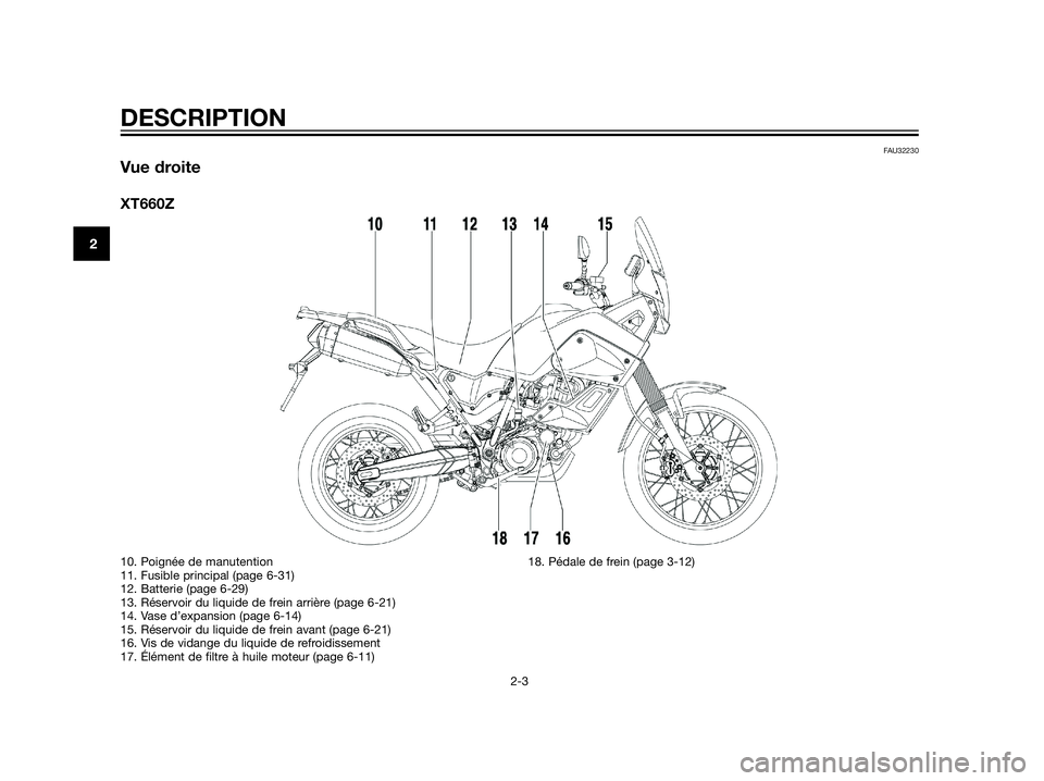 YAMAHA XT660Z 2012  Notices Demploi (in French) FAU32230
Vue droite
XT660Z
DESCRIPTION
2-3
2
10. Poignée de manutention
11. Fusible principal (page 6-31)
12. Batterie (page 6-29)
13. Réservoir du liquide de frein arrière (page 6-21)
14. Vase d