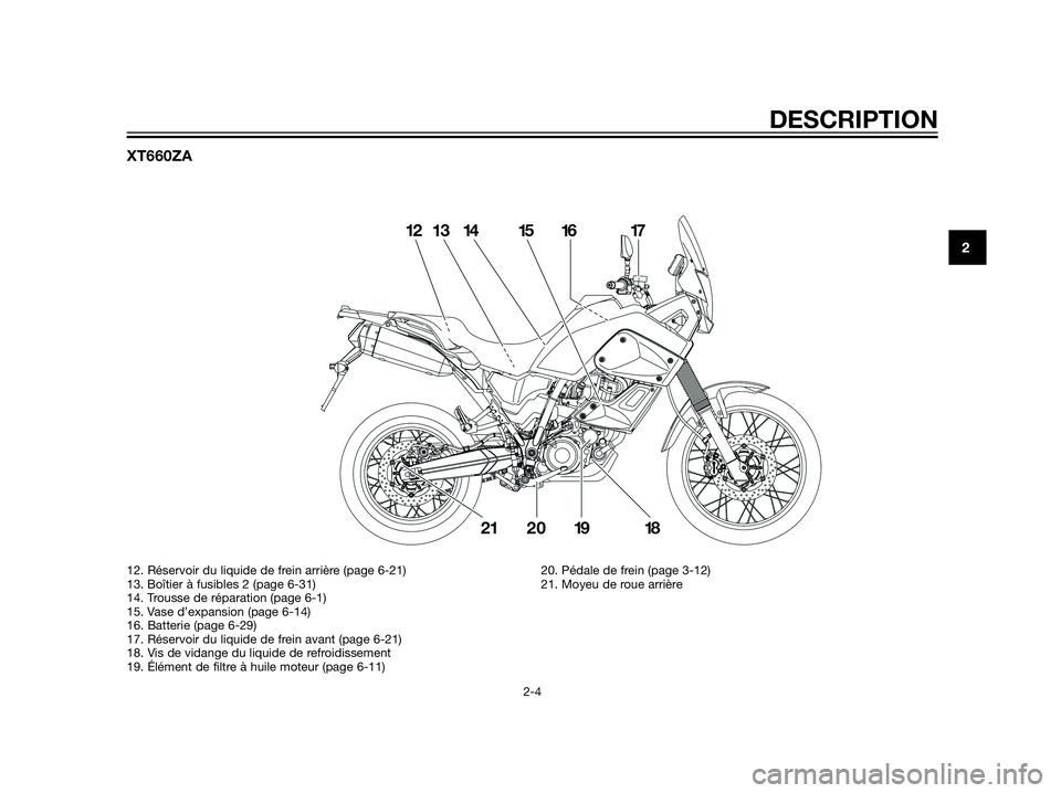 YAMAHA XT660Z 2012  Notices Demploi (in French) XT660ZA
DESCRIPTION
2-4
2
12. Réservoir du liquide de frein arrière (page 6-21)
13. Boîtier à fusibles 2 (page 6-31)
14. Trousse de réparation (page 6-1)
15. Vase d’expansion (page 6-14)
16. Ba