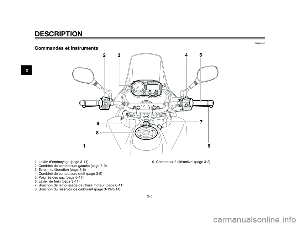 YAMAHA XT660Z 2012  Notices Demploi (in French) FAU10430
Commandes et instruments
DESCRIPTION
2-5
2
1. Levier d’embrayage (page 3-11)
2. Combiné de contacteurs gauche (page 3-9)
3. Écran multifonction (page 3-6)
4. Combiné de contacteurs droit