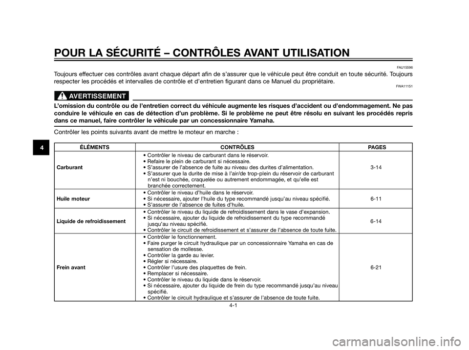 YAMAHA XT660Z 2012  Notices Demploi (in French) POUR LA SÉCURITÉ – CONTRÔLES AVANT UTILISATION
4-1
4
FAU15596
Toujours effectuer ces contrôles avant chaque départ afin de s’assurer que le véhicule peut être conduit en toute sécurité. T