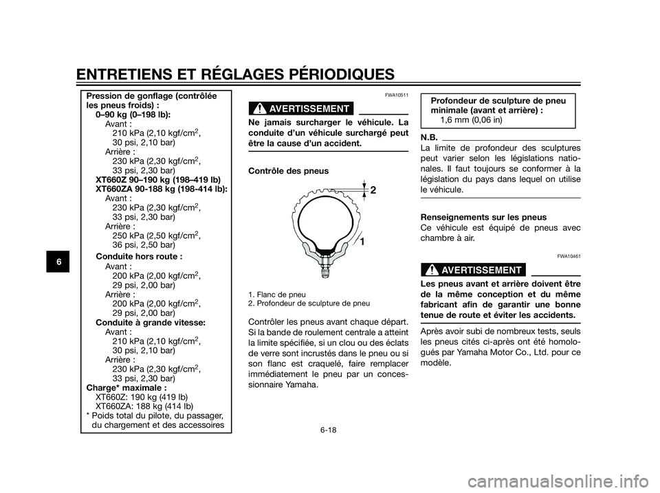 YAMAHA XT660Z 2012  Notices Demploi (in French) FWA10511
Ne jamais surcharger le véhicule. La
conduite d’un véhicule surchargé peut
être la cause d’un accident.
Contrôle des pneus
1. Flanc de pneu
2. Profondeur de sculpture de pneu
Contrô