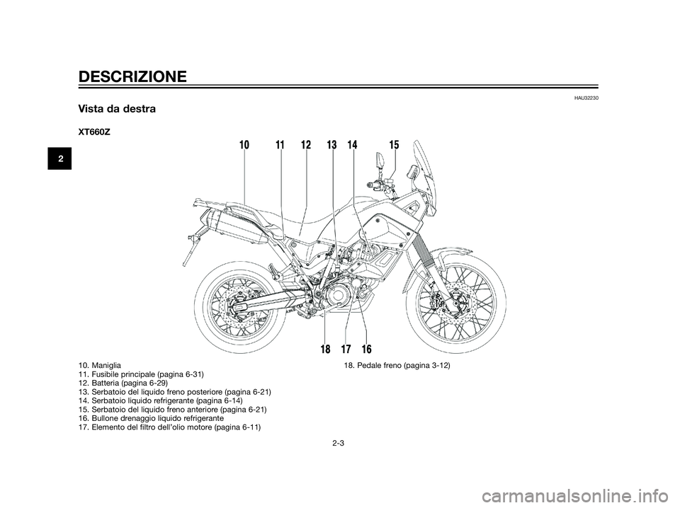 YAMAHA XT660Z 2013  Manuale duso (in Italian) HAU32230
Vista da destra
XT660Z
DESCRIZIONE
2-3
2
10. Maniglia 
11. Fusibile principale (pagina 6-31)
12. Batteria (pagina 6-29)
13. Serbatoio del liquido freno posteriore (pagina 6-21)
14. Serbatoio 