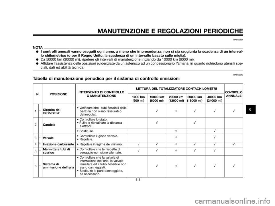 YAMAHA XT660Z 2013  Manuale duso (in Italian) MANUTENZIONE E REGOLAZIONI PERIODICHE
6-3
6
HAU46861
NOTAI controlli annuali vanno eseguiti ogni anno, a meno che in precedenza, non si sia raggiunta la scadenza di un interval-
lo chilometrico (o pe