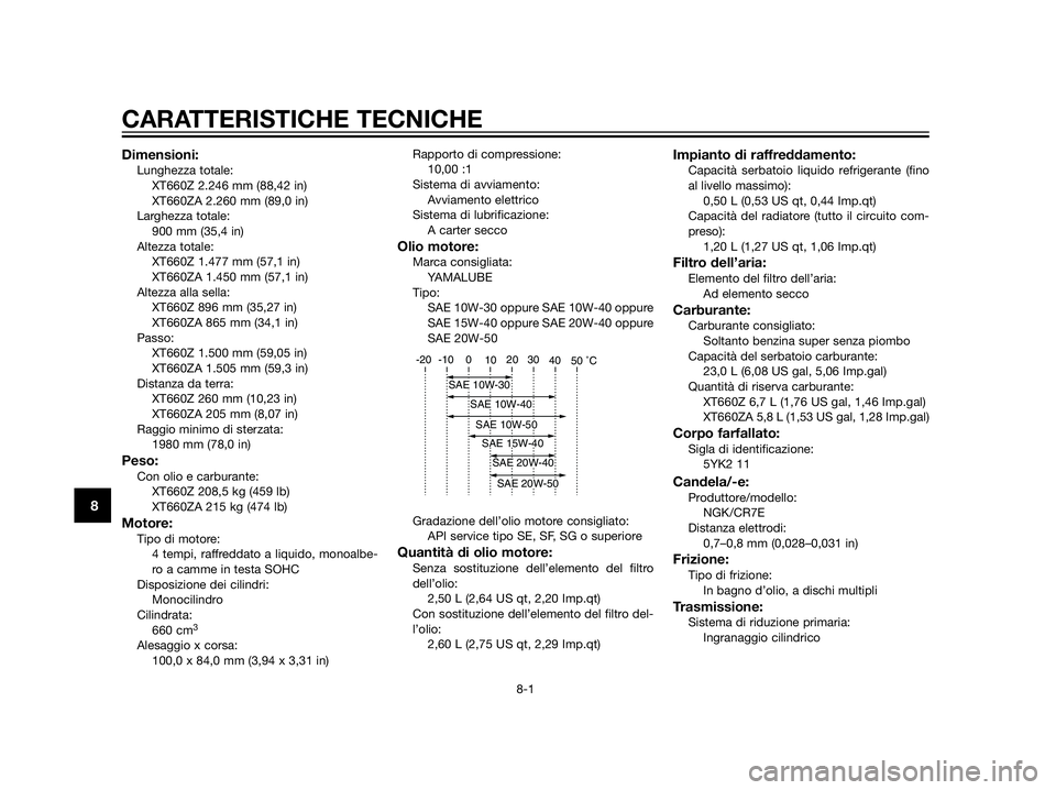 YAMAHA XT660Z 2012  Manuale duso (in Italian) Dimensioni:Lunghezza totale:
XT660Z 2.246 mm (88,42 in)
XT660ZA 2.260 mm (89,0 in)
Larghezza totale:
900 mm (35,4 in)
Altezza totale:
XT660Z 1.477 mm (57,1 in)
XT660ZA 1.450 mm (57,1 in)
Altezza alla 