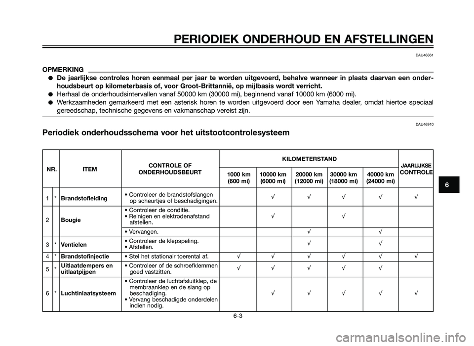 YAMAHA XT660Z 2013  Instructieboekje (in Dutch) PERIODIEK ONDERHOUD EN AFSTELLINGEN
6-3
6
DAU46861
OPMERKING
�De jaarlijkse controles horen eenmaal per jaar te worden uitgevoerd, behalve wanneer in plaats daarvan een onder-
houdsbeurt op kilometerb