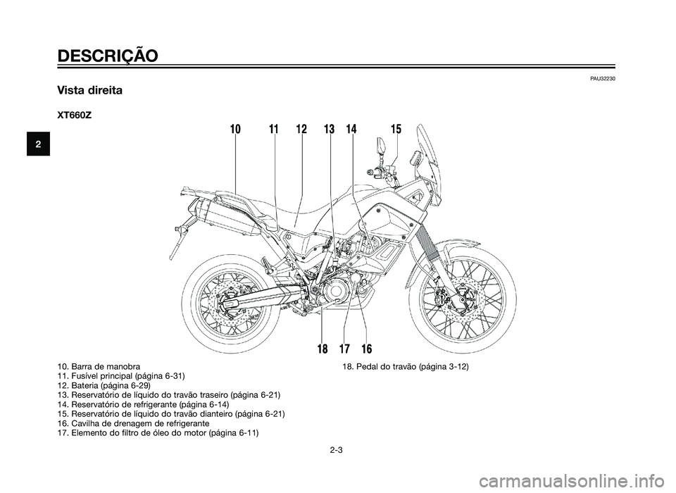 YAMAHA XT660Z 2012  Manual de utilização (in Portuguese) PAU32230
Vista direita
XT660Z
DESCRIÇÃO
2-3
2
10. Barra de manobra
11. Fusível principal (página 6-31)
12. Bateria (página 6-29)
13. Reservatório de líquido do travão traseiro (página 6-21)
1