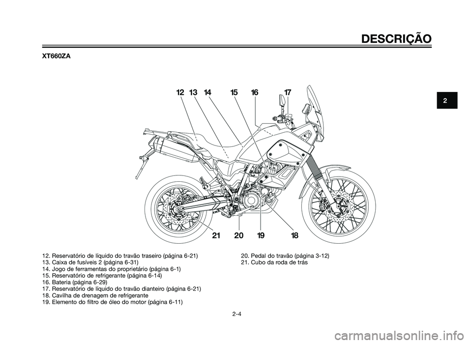 YAMAHA XT660Z 2012  Manual de utilização (in Portuguese) XT660ZA
DESCRIÇÃO
2-4
2
12. Reservatório de líquido do travão traseiro (página 6-21)
13. Caixa de fusíveis 2 (página 6-31)
14. Jogo de ferramentas do proprietário (página 6-1)
15. Reservató