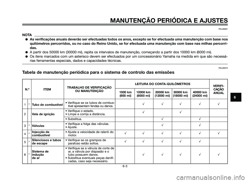 YAMAHA XT660Z 2012  Manual de utilização (in Portuguese) MANUTENÇÃO PERIÓDICA E AJUSTES
6-3
6
PAU46861
NOTA
�As verificações anuais deverão ser efectuadas todos os anos, ex\
cepto se for efectuada uma manutenção com base nos
quilómetros percorridos
