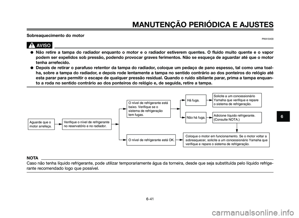 YAMAHA XT660Z 2013  Manual de utilização (in Portuguese) Sobreaquecimento do motorPWA10400
SBL00037.eps”)>
�Não retire a tampa do radiador enquanto o motor e o radiador estiverem quentes. O fluido muito quente e o vapor
podem ser expelidos sob pressão, 