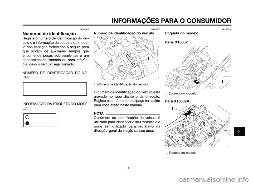 YAMAHA XT660Z 2012 Manual de utilização (in Portuguese) PAU48610
Números de identificação
Registe o número de identificação do veí-
culo e a informação da etiqueta do mode-
lo nos espaços fornecidos a seguir, para
que sirvam de auxiliares sempre YAMAHA XT660Z 2012 Manual de utilização (in Portuguese) PAU48610
Números de identificação
Registe o número de identificação do veí-
culo e a informação da etiqueta do mode-
lo nos espaços fornecidos a seguir, para
que sirvam de auxiliares sempre