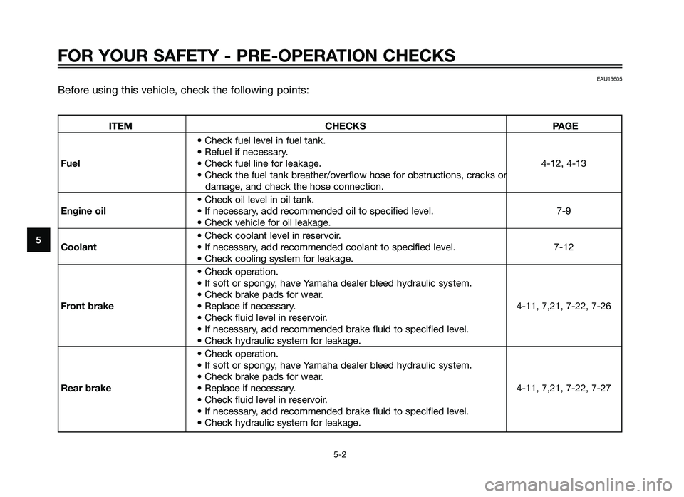 YAMAHA XT660Z 2012 Owners Guide EAU15605
Before using t\fis ve\ficle\b c\feck t\fe following points:
ITEMCHECKS PAGE
C\feck fuel level in fuel tank.
Refuel if necessary.
Fuel C\feck fuel line for leakage. 4-12\b 4-13
C\feck YAMAHA XT660Z 2012 Owners Guide EAU15605
Before using t\fis ve\ficle\b c\feck t\fe following points:
ITEMCHECKS PAGE
C\feck fuel level in fuel tank.
Refuel if necessary.
Fuel C\feck fuel line for leakage. 4-12\b 4-13
C\feck
