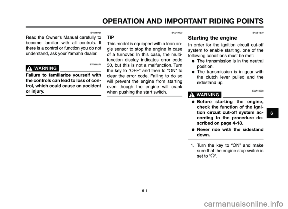 YAMAHA XT660Z 2012 Owners Manual 1
2
3
4
5
6
7
8
9
10
OPERATION AN\f IMPORTANT RI\fING POINTS
EAU15951
Read the Owners \fanual care\bully to
become \bamiliar with all controls. I\b
there is a control or \bunction you do no YAMAHA XT660Z 2012 Owners Manual 1
2
3
4
5
6
7
8
9
10
OPERATION AN\f IMPORTANT RI\fING POINTS
EAU15951
Read the Owners \fanual care\bully to
become \bamiliar with all controls. I\b
there is a control or \bunction you do no
