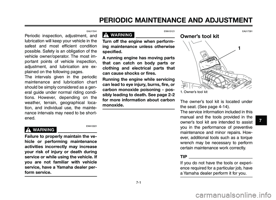 YAMAHA XT660Z 2012 Owners Manual 1
2
3
4
5
6
7
8
9
10
PERIODIC M\fINTEN\fNCE \fND \fDJ\bSTMENT
EAU17241
Periodic inspection\f adjust\bent\f and
lubrication will keep your vehicle in the
safest and \bost efficient condition
pos YAMAHA XT660Z 2012 Owners Manual 1
2
3
4
5
6
7
8
9
10
PERIODIC M\fINTEN\fNCE \fND \fDJ\bSTMENT
EAU17241
Periodic inspection\f adjust\bent\f and
lubrication will keep your vehicle in the
safest and \bost efficient condition
pos