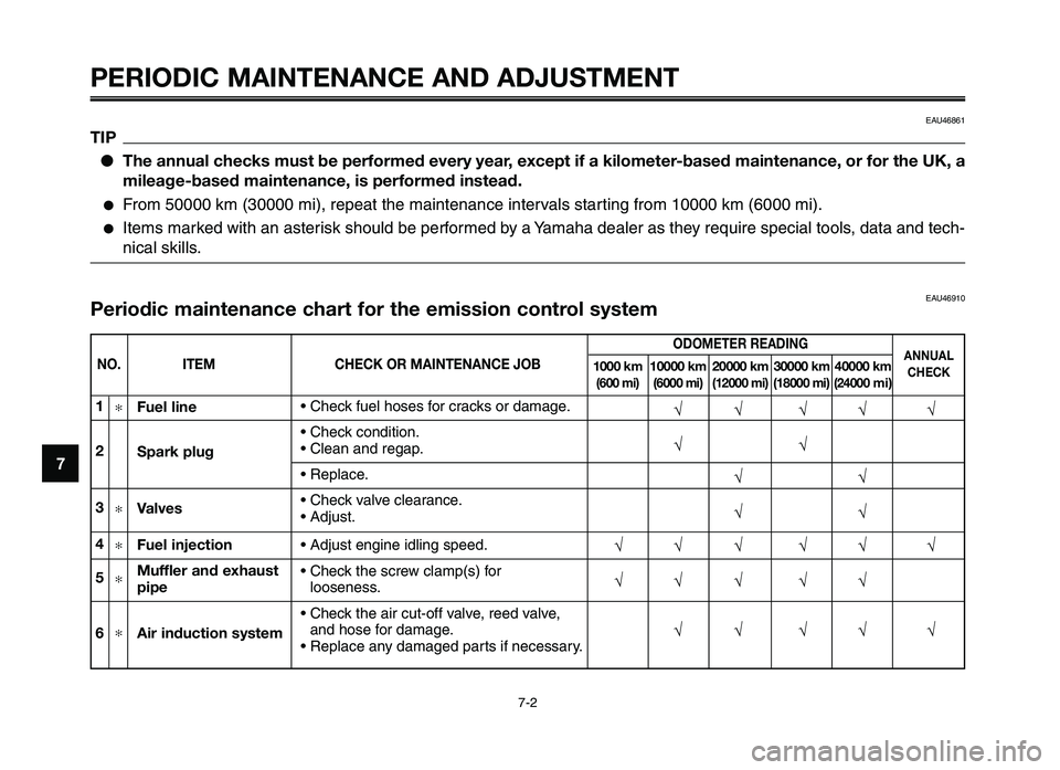 YAMAHA XT660Z 2012 Service Manual PERIODIC MAINTENANCE AND ADJUSTMENT
EAU46861
TIP● The ann\fal check\b m\f\bt be performed every year, except if a kilometer-ba\bed maintenance, or for the UK, a
mileage-ba\bed mainte\nnance, i\b per