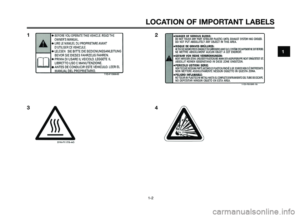 YAMAHA XT660Z 2012 Owners Manual 1
2
3
4
5
6
7
8
9
10
LOCATION OF I\fPORTANT LAB\bLS
1-2
12
3 4
XT660Z 01-03 ING-AUS:AUSTRALIA 11-05-2009 9:57 Pagina 9 YAMAHA XT660Z 2012 Owners Manual 1
2
3
4
5
6
7
8
9
10
LOCATION OF I\fPORTANT LAB\bLS
1-2
12
3 4
XT660Z 01-03 ING-AUS:AUSTRALIA 11-05-2009 9:57 Pagina 9