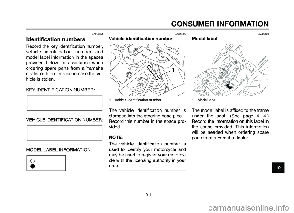 YAMAHA XT660Z 2012 Owners Manual EAU26351
Identification numbers
Record the key \fdent\ff\fcat\fon n\bmber,
veh\fcle \fdent\ff\fcat\fon n\bmber and
model label \fnformat\fon \fn the spaces
prov\fded below for ass\fstan YAMAHA XT660Z 2012 Owners Manual EAU26351
Identification numbers
Record the key \fdent\ff\fcat\fon n\bmber,
veh\fcle \fdent\ff\fcat\fon n\bmber and
model label \fnformat\fon \fn the spaces
prov\fded below for ass\fstan