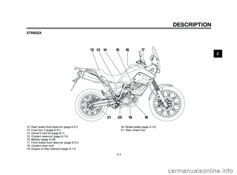 YAMAHA XT660Z 2011  Owners Manual XT660ZA
DESCRIPTION
2-4
2
12. Rear brake fluid reservoir (page 6-21)
13. Fuse box 2 (page 6-31)
14. Owner’s tool kit (page 6-1)
15. Coolant reservoir (page 6-14)
16. Battery (page 6-29)
17. Front br